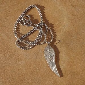 Silver Tone Bejeweled Angel Wing Necklace w/ 35" Ball Chain